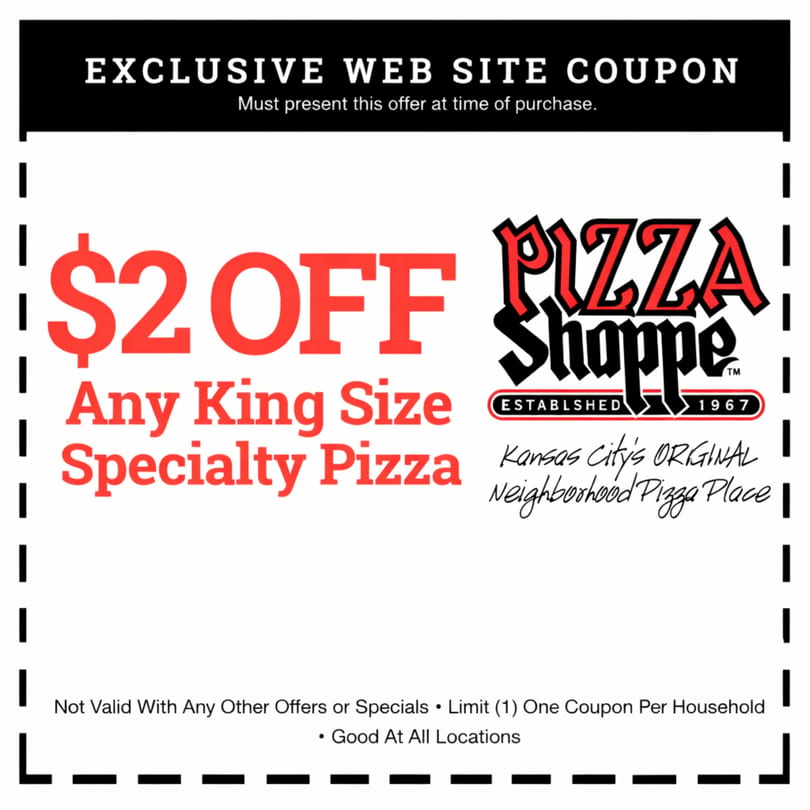 A coupon for Pizza Shoppe offering $2 off any King Size Specialty Pizza.