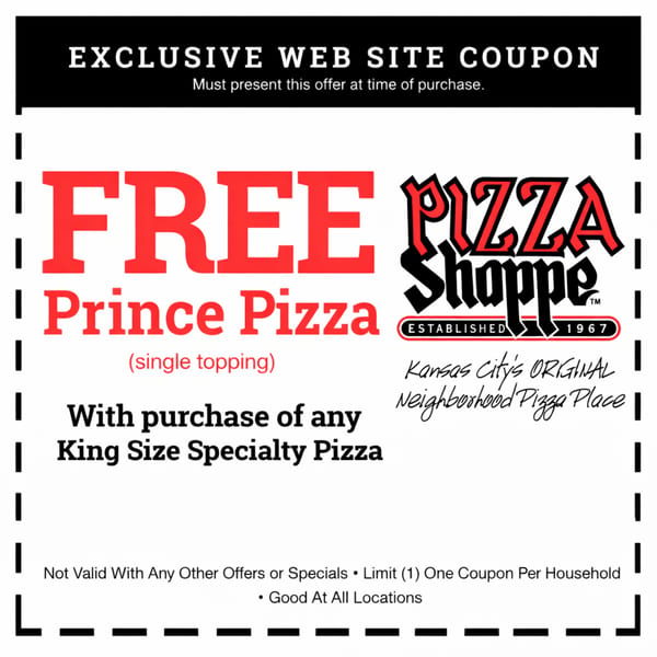 A coupon for a free Prince Pizza with the purchase of any King Size Specialty Pizza from Pizza Shoppe.